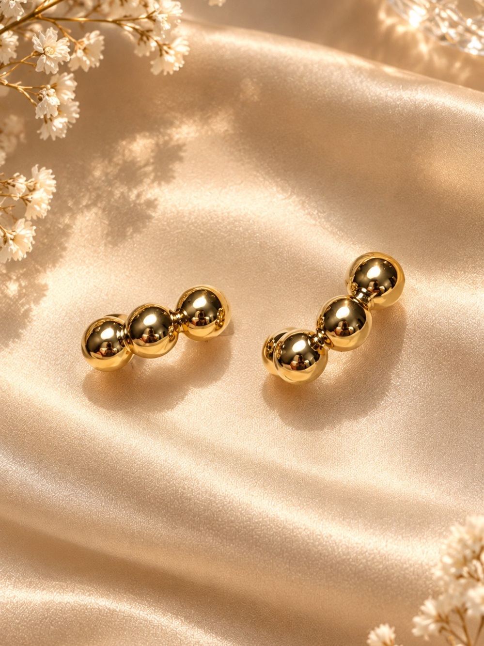 Fashion Jewelry Gold Triple-Bead Stud Earrings